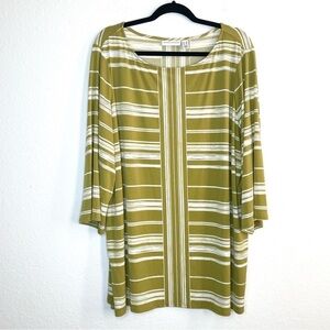 Susan Graver Striped Jersey Liquid Knit 3/4 Sleeve Blouse Green Chartreuse 2X